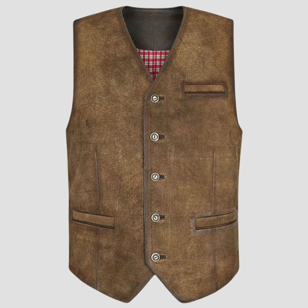 Celebrate Oktoberfest in authentic style with this vintage leather Trachten vest, designed for a traditional and fashionable look.