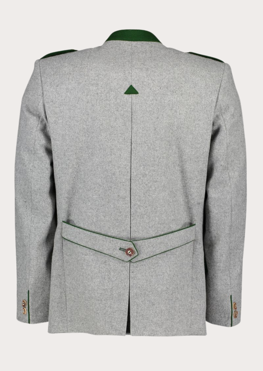 Classic Alpine heritage coat crafted from grey wool with traditional Tiroler detailing