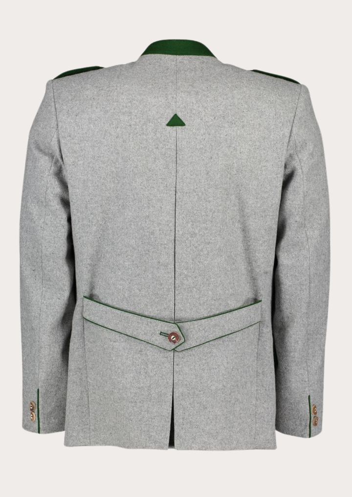 Classic Alpine heritage coat crafted from grey wool with traditional Tiroler detailing