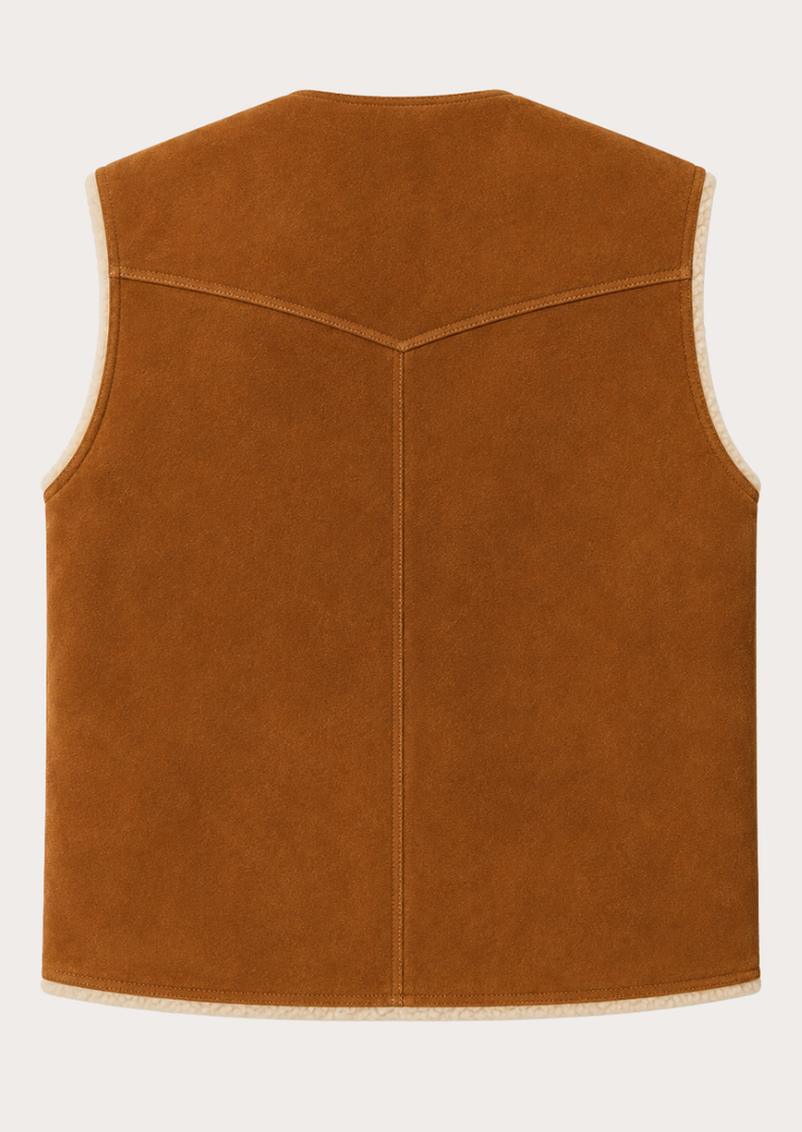 Men's sleeveless suede leather vest featuring warm shearling interior.