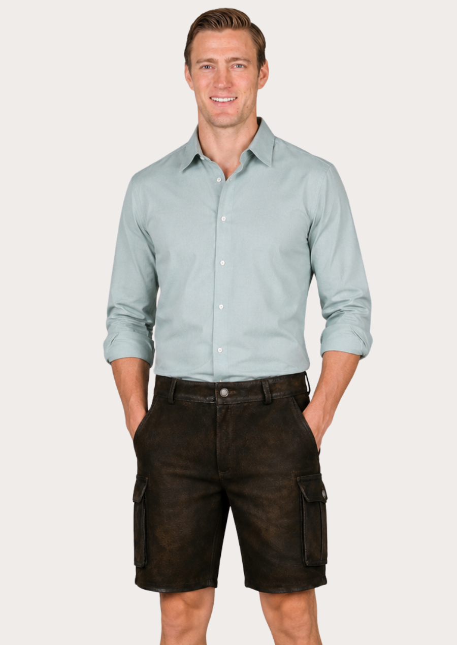 Premium black leather cargo Lederhosen crafted for hunting, Oktoberfest, and outdoor wear