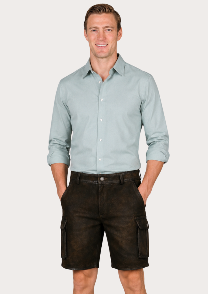 Premium black leather cargo Lederhosen crafted for hunting, Oktoberfest, and outdoor wear