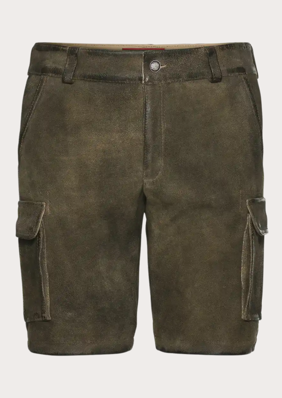 Traditional Bavarian leather cargo shorts for men with rustic Trachten hunting style