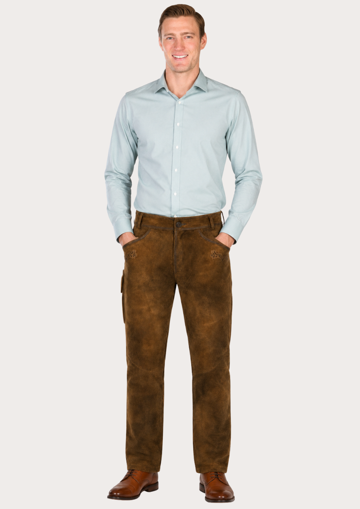 Premium Staffelsee leather pants featuring soft suede finish and timeless Alpine design