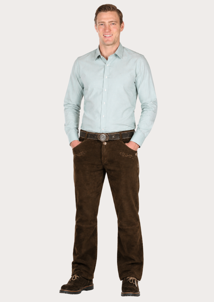 Premium brown suede Lederhosen pants featuring classic craftsmanship and rustic design