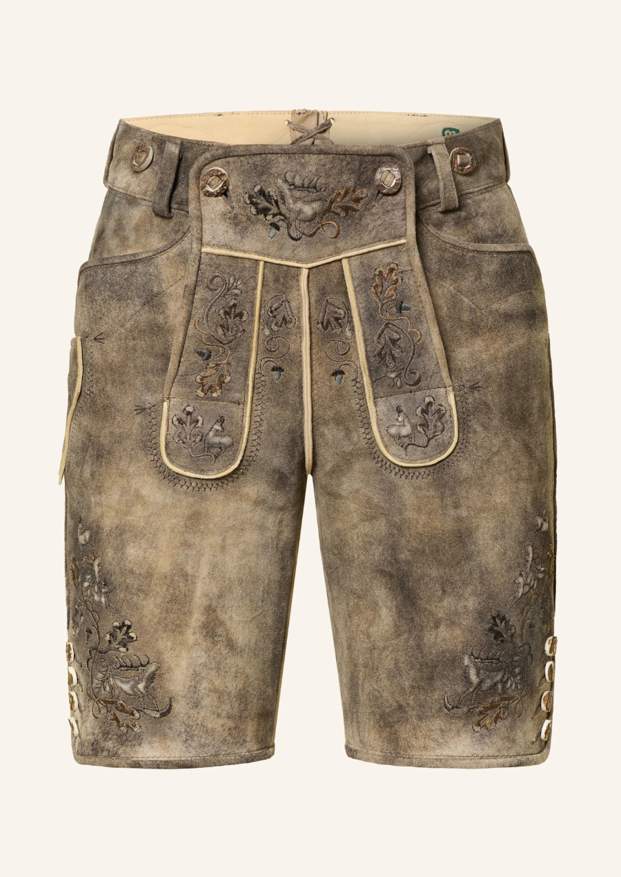 Traditional Bavarian suede leather lederhosen shorts with floral embroidery and vintage distressed finish