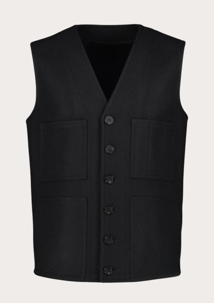 Traditional black Loden vest for men featuring authentic Alpine Trachten styling