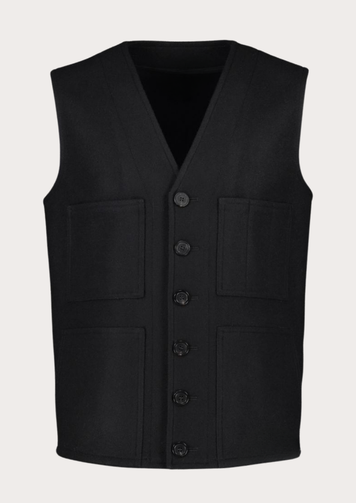 Traditional black Loden vest for men featuring authentic Alpine Trachten styling