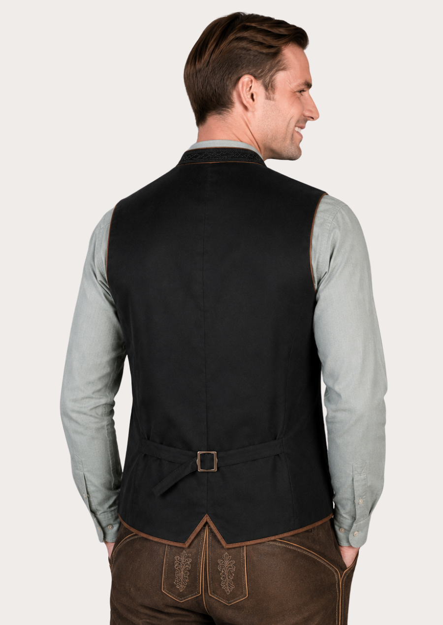Premium black velvet Trachten waistcoat combining comfort, sophistication, and cultural craftsmanship