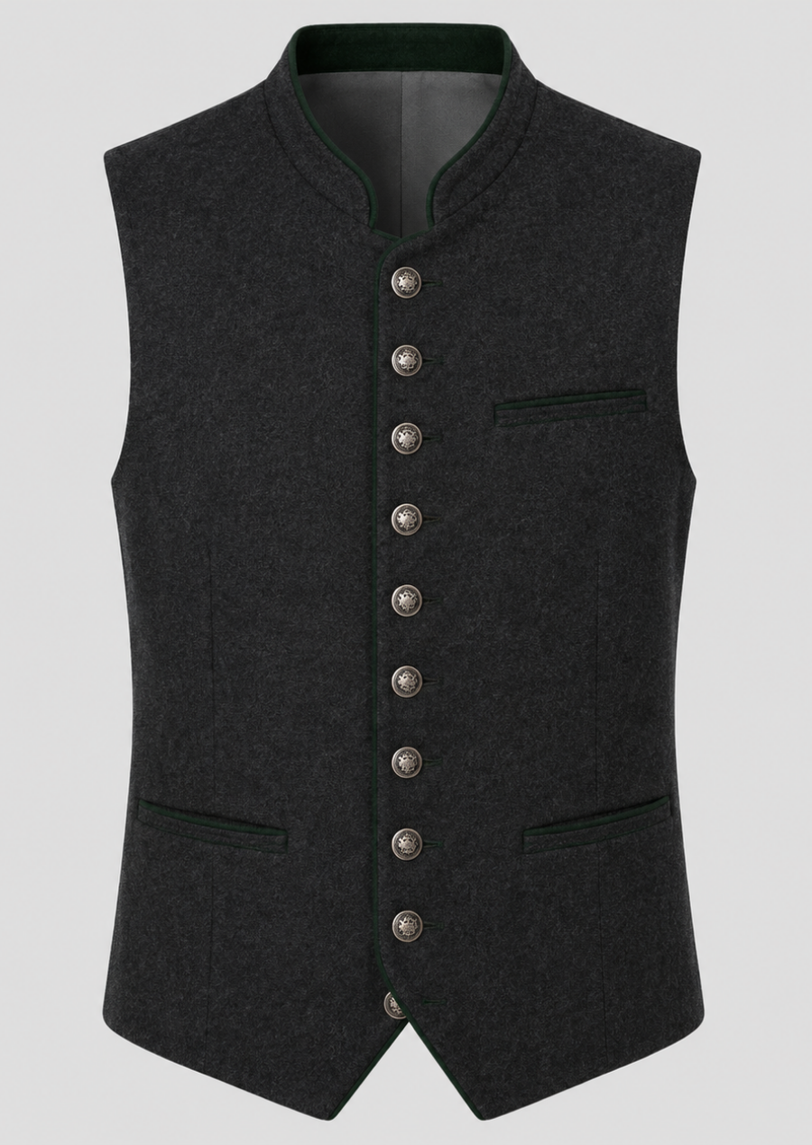 Classic Black Wool German Vest with Authentic Trachten Design