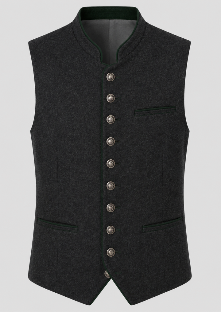 Classic Black Wool German Vest with Authentic Trachten Design