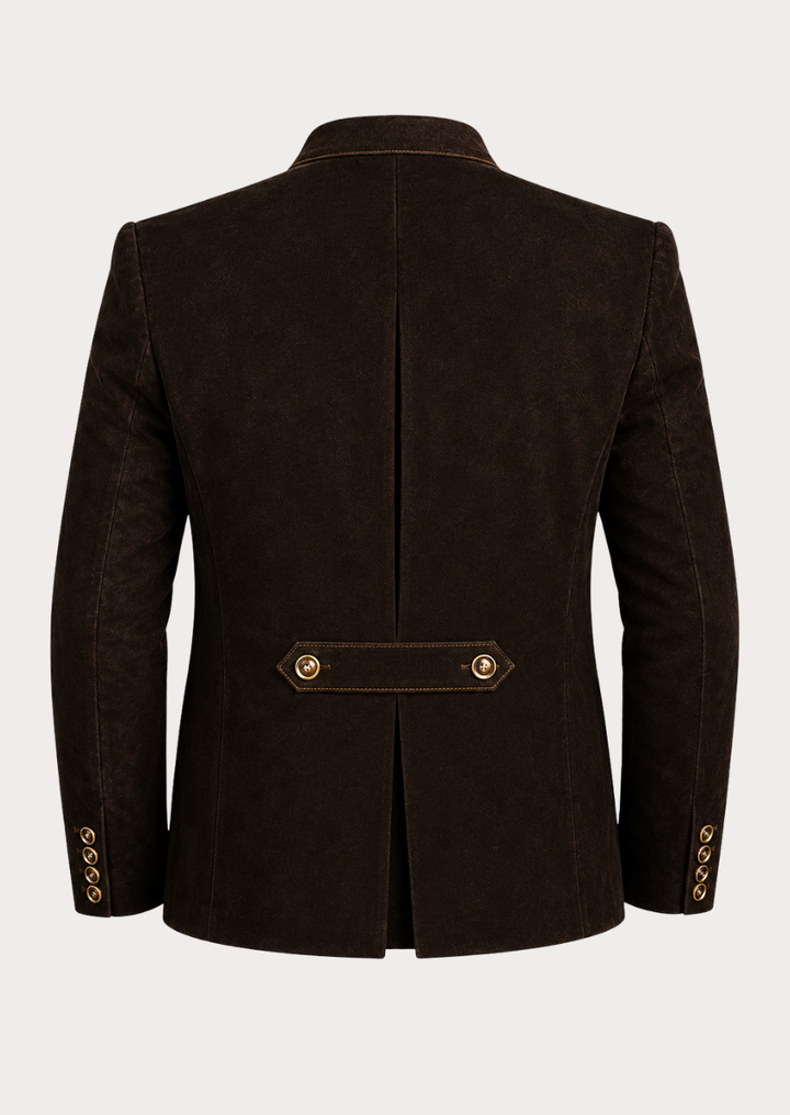Premium distressed brown leather Oktoberfest jacket for men with classic Trachten design