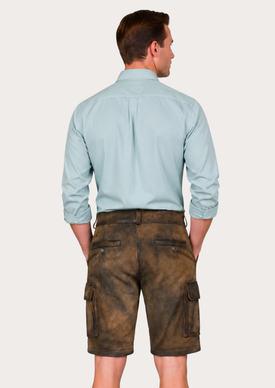 Premium brown leather Lederhosen shorts for men inspired by Alpine heritage fashion