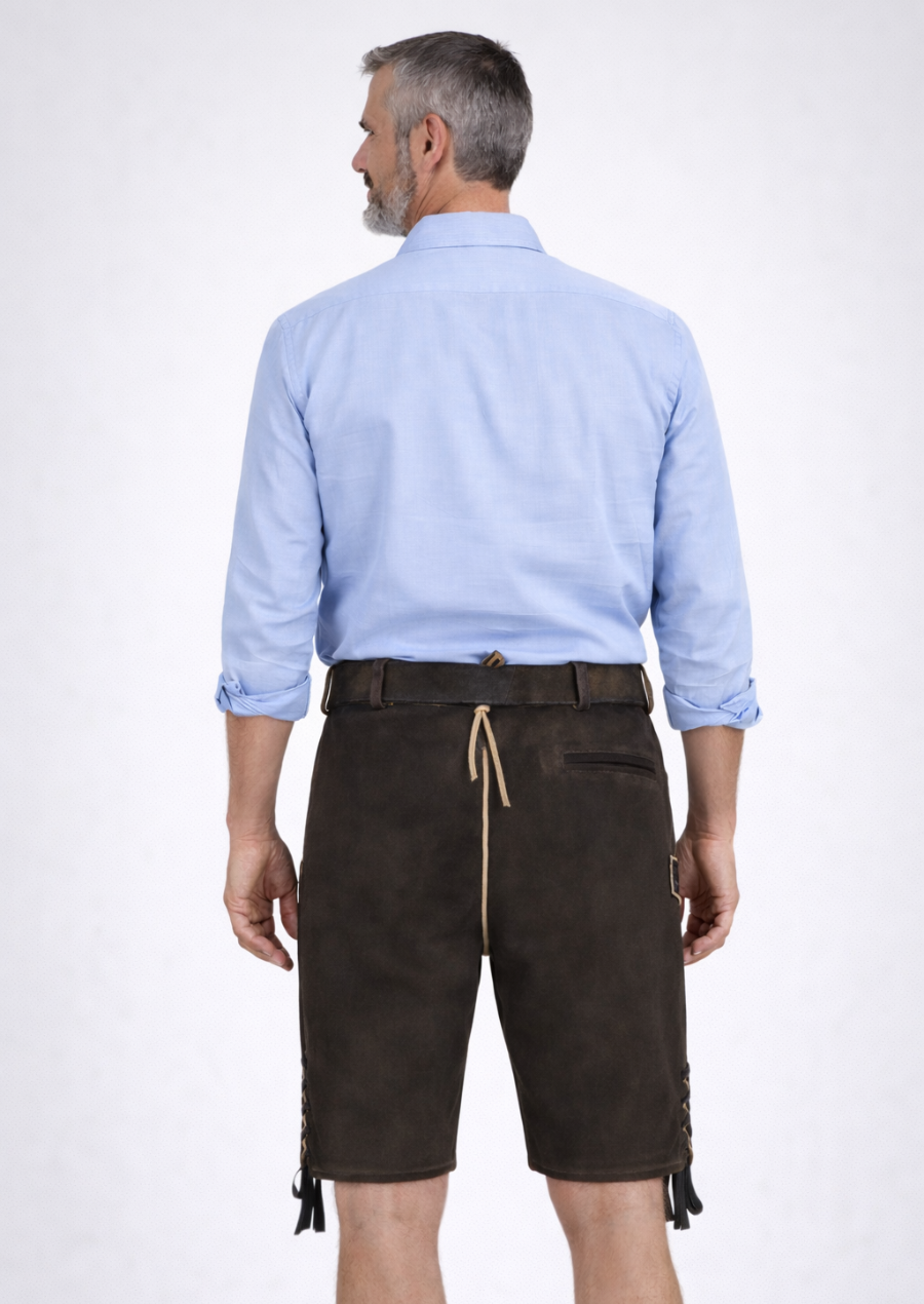 Traditional Brown Suede Lederhosen with Green Embroidery for Bavarian Festivals