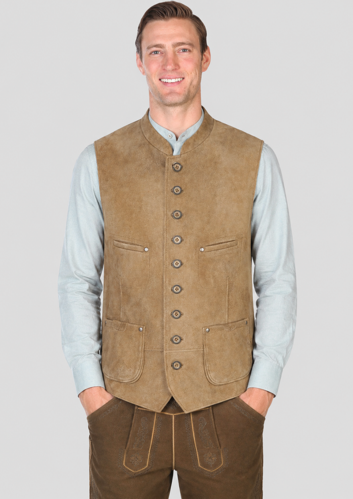 Authentic Bavarian Vest Crafted from Premium Brown Goat Suede