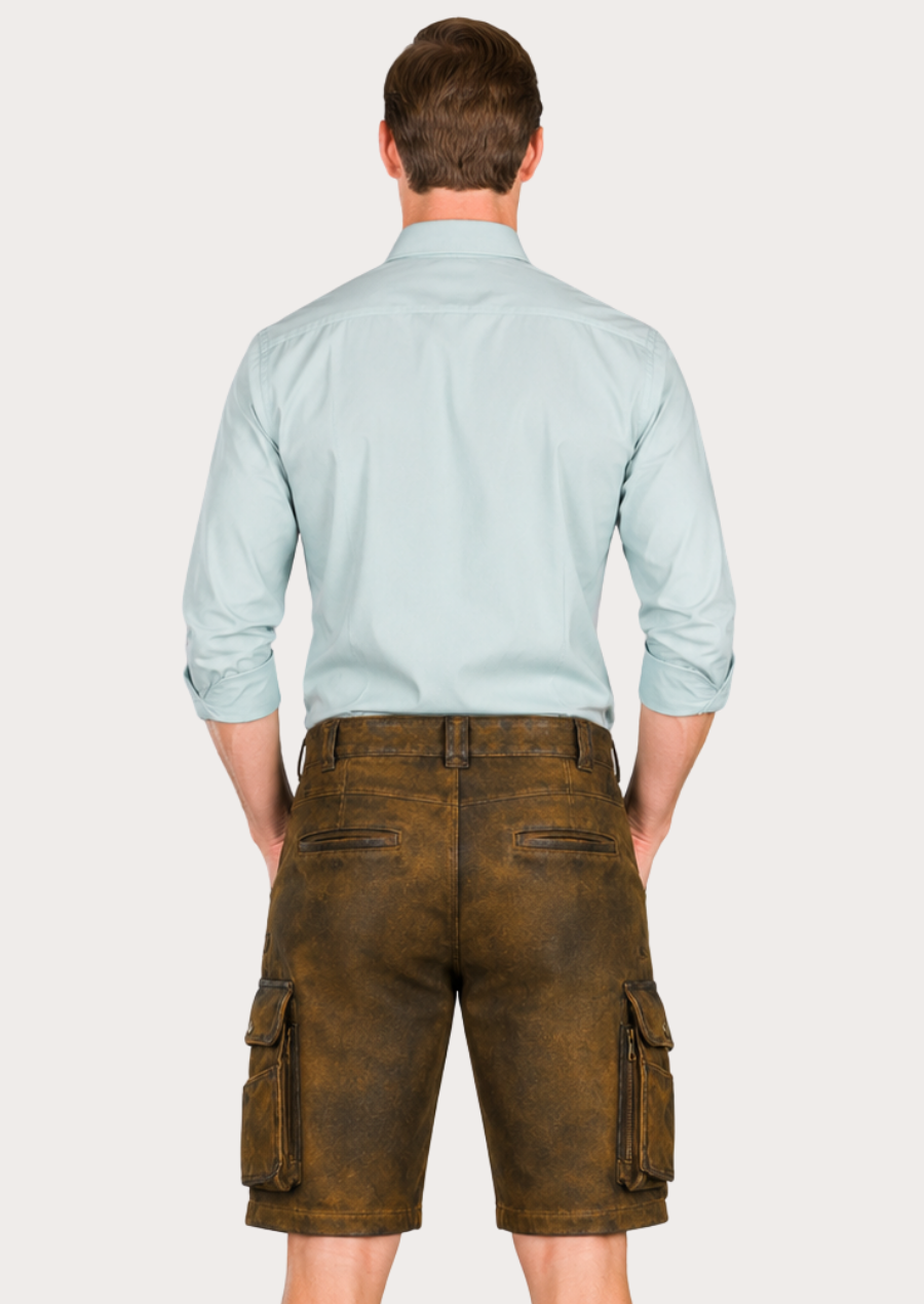 Classic distressed Lederhosen shorts designed for Oktoberfest and cultural festival wear