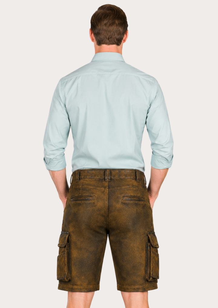 Classic distressed Lederhosen shorts designed for Oktoberfest and cultural festival wear