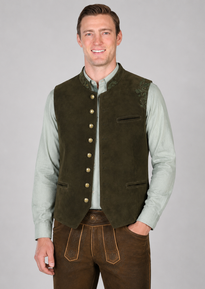 Authentic Goat Suede Trachten Vest Featuring Classic Floral Embroidery