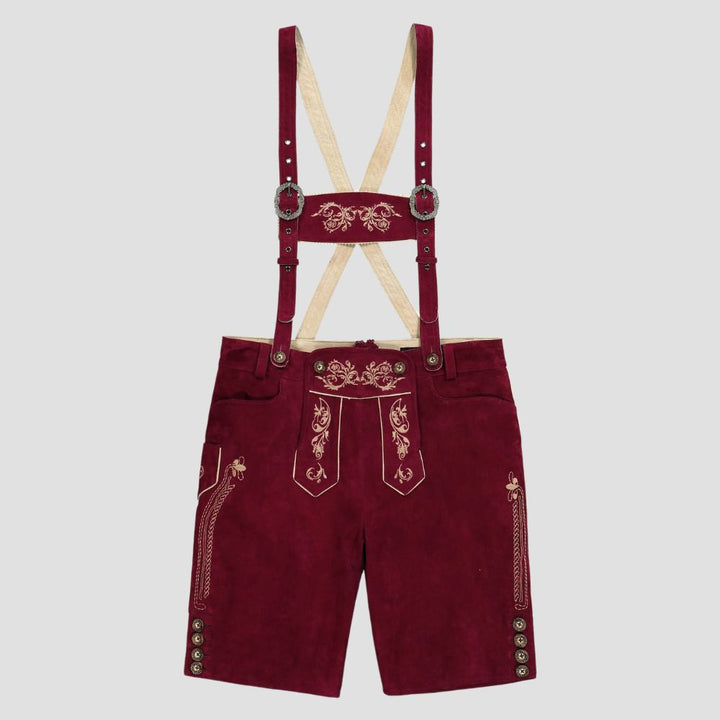 These red Lederhosen are a festive and eye-catching choice, ideal for any traditional Bavarian or cultural celebration.