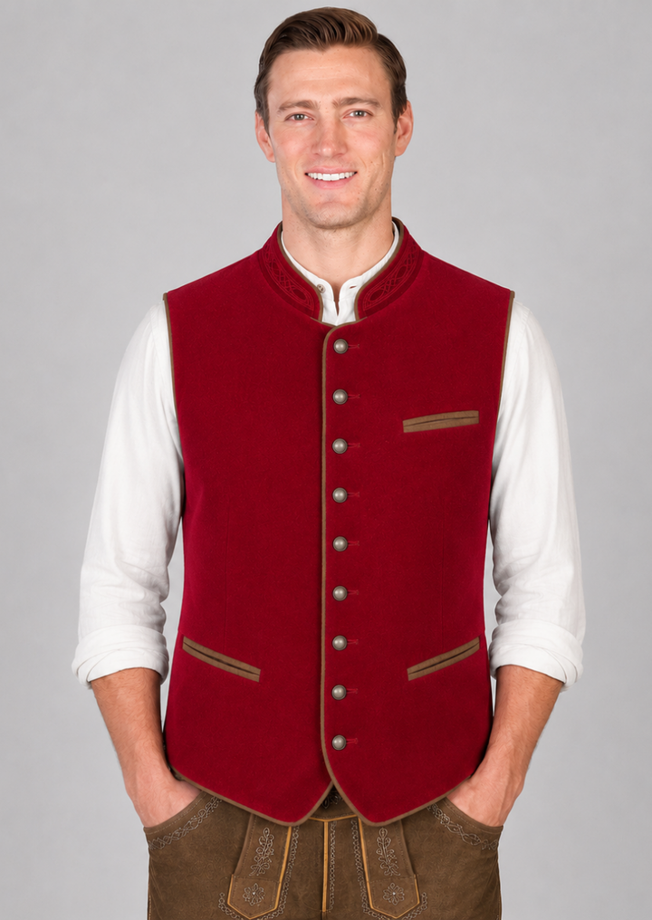 Authentic Red Velvet Oktoberfest Waistcoat for Men with Tailored Fit