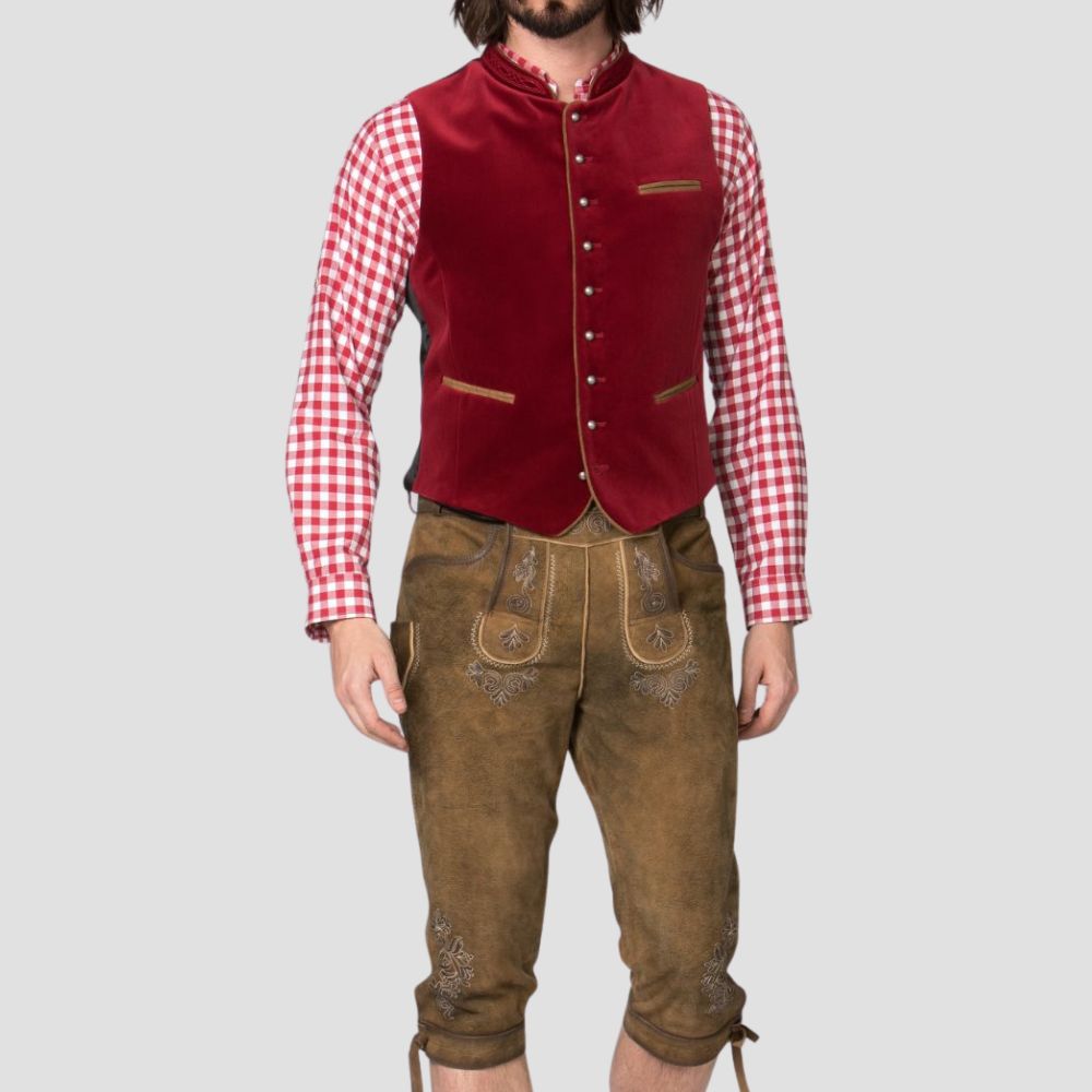 Make a statement at any festival with this traditional red velvet Trachten vest, combining classic Bavarian style with vibrant elegance.