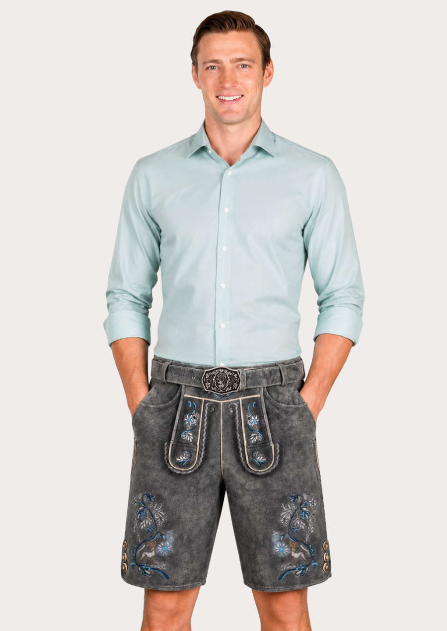 Traditional Bavarian Lederhosen with blue embroidery ideal for Oktoberfest and cultural events