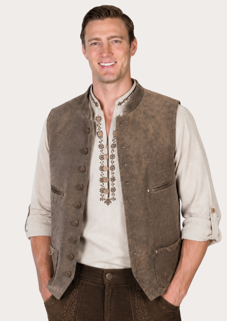 Men’s suede leather Trachten waistcoat inspired by classic Alpine heritage fashion
