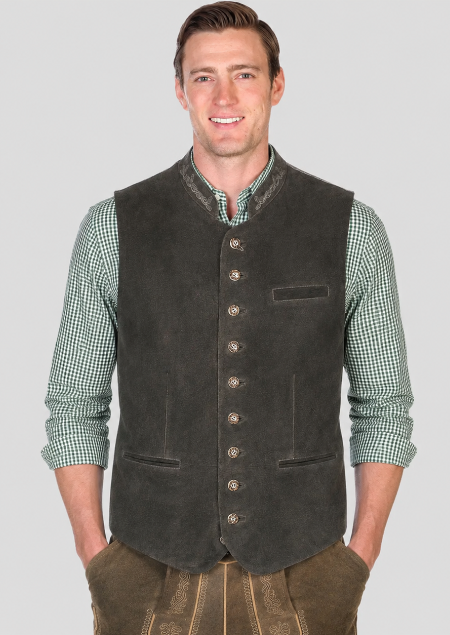 Traditional suede leather vest featuring elegant collar embroidery and Bavarian styling