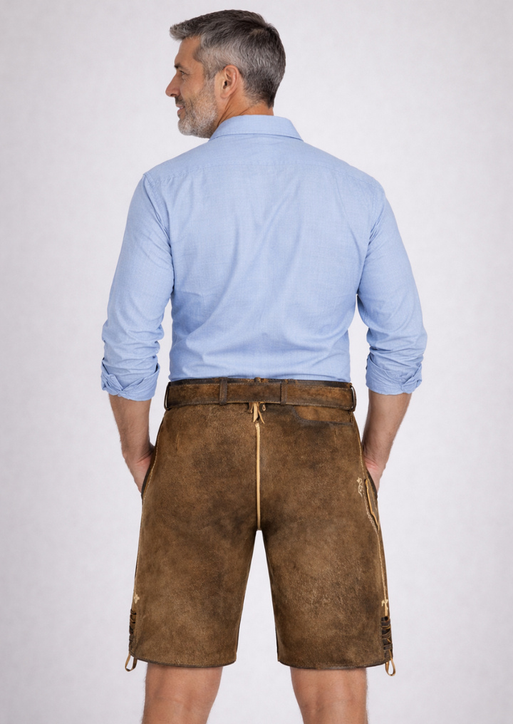 Traditional Suede Lederhosen with Deer Floral Embroidery for Oktoberfest