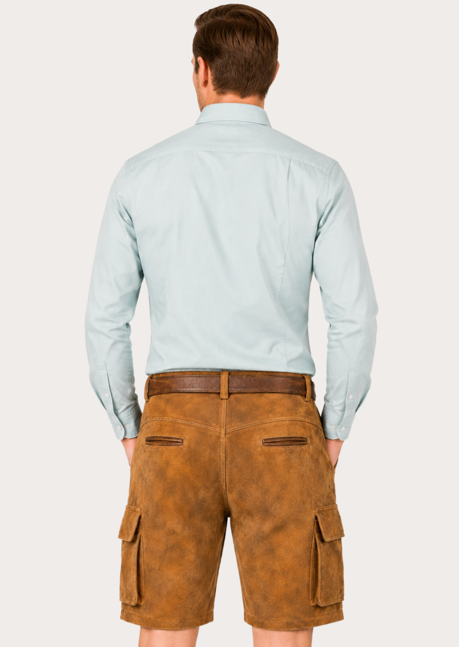 Men's Oktoberfest cargo lederhosen shorts with durable suede leather construction