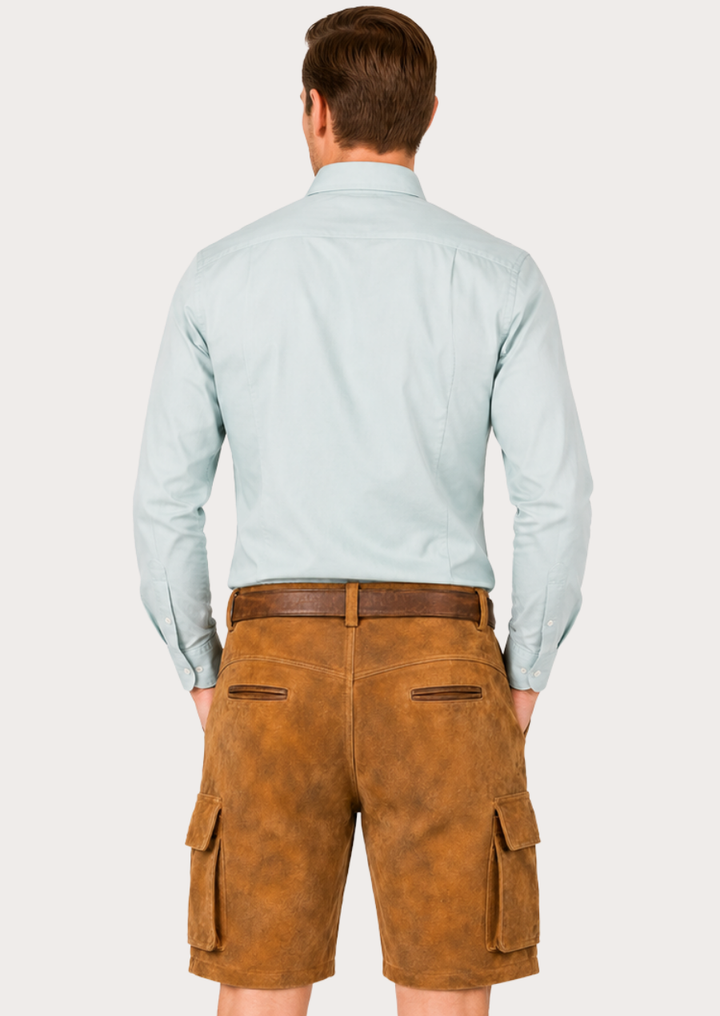 Men's Oktoberfest cargo lederhosen shorts with durable suede leather construction