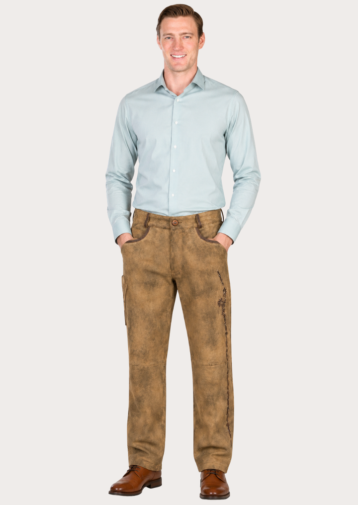 Rustic Bavarian Lederhosen trousers featuring timeless craftsmanship and cultural detailing