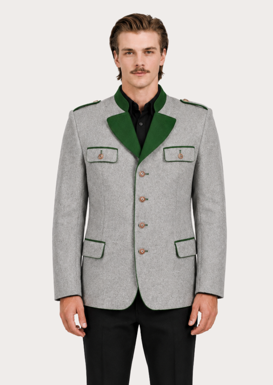 Traditional Tiroler grey wool style Trachten coat for men with authentic Alpine heritage styling