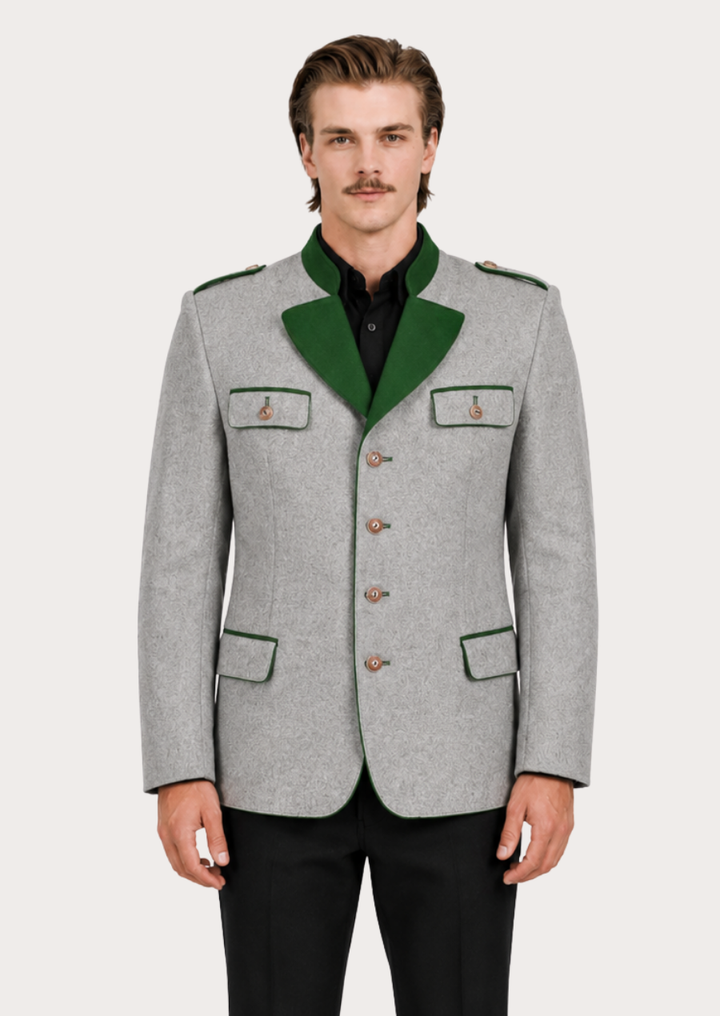 Traditional Tiroler grey wool style Trachten coat for men with authentic Alpine heritage styling