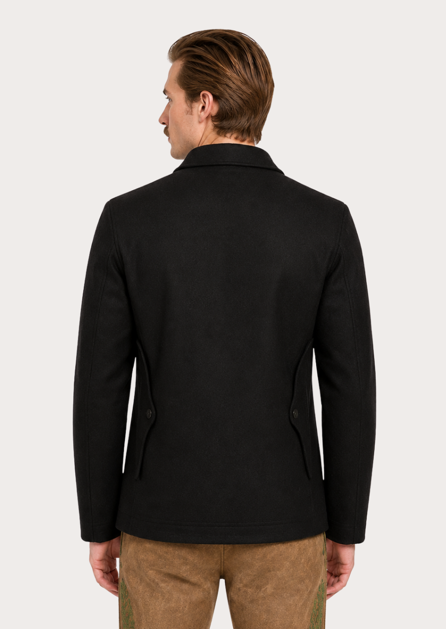 Classic Alpine-inspired black wool field jacket featuring authentic Tyrolean craftsmanship