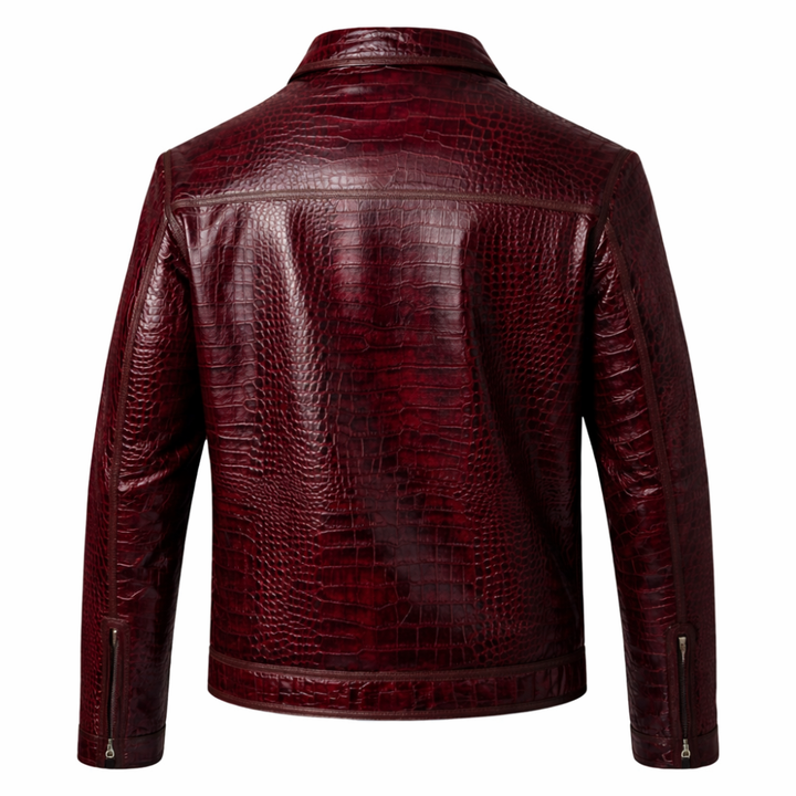 Stylish men burgundy embossed leather jacket for casual fashion