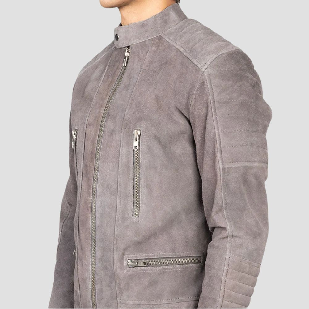 For a contemporary and edgy look, this gray suede biker jacket is the ultimate addition to any modern wardrobe.