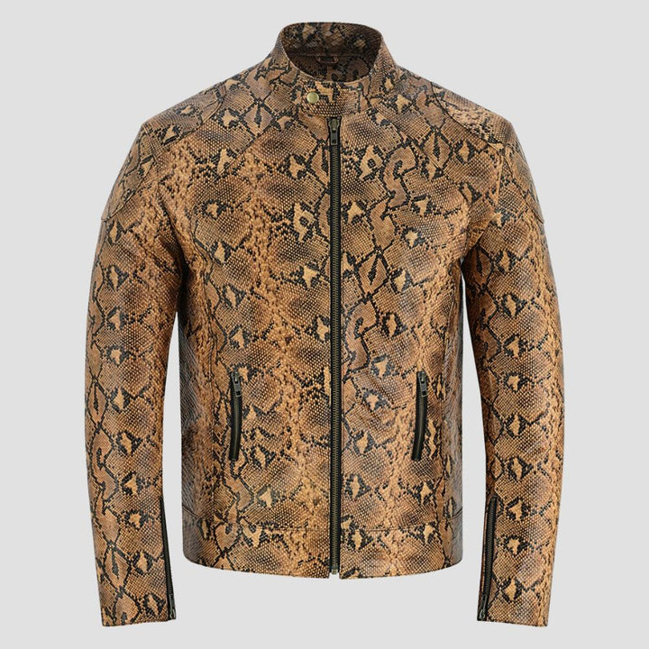 Turn heads with this premium snakeskin leather jacket, the perfect choice for those seeking a chic and edgy biker look.