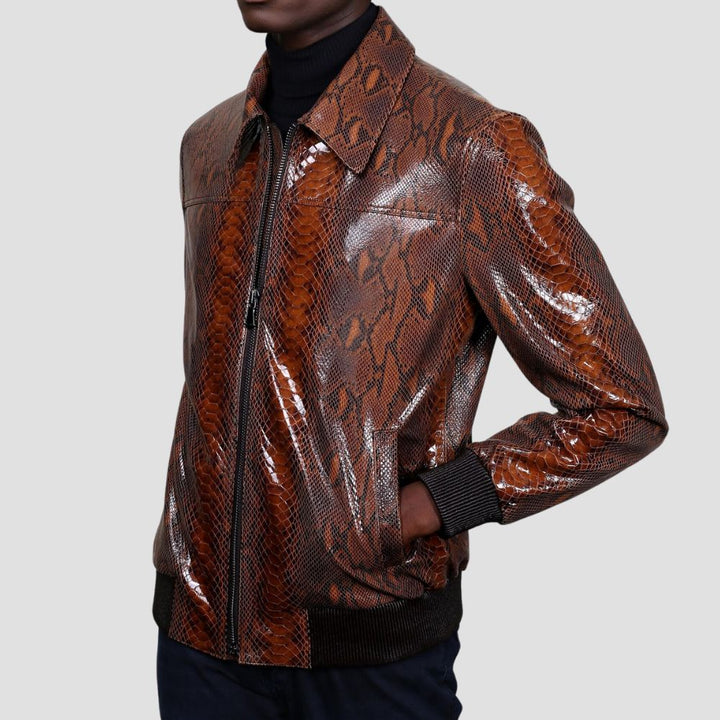 Stay stylish and warm this winter with this trendy snakeskin leather jacket, perfect for urban fashion enthusiasts.