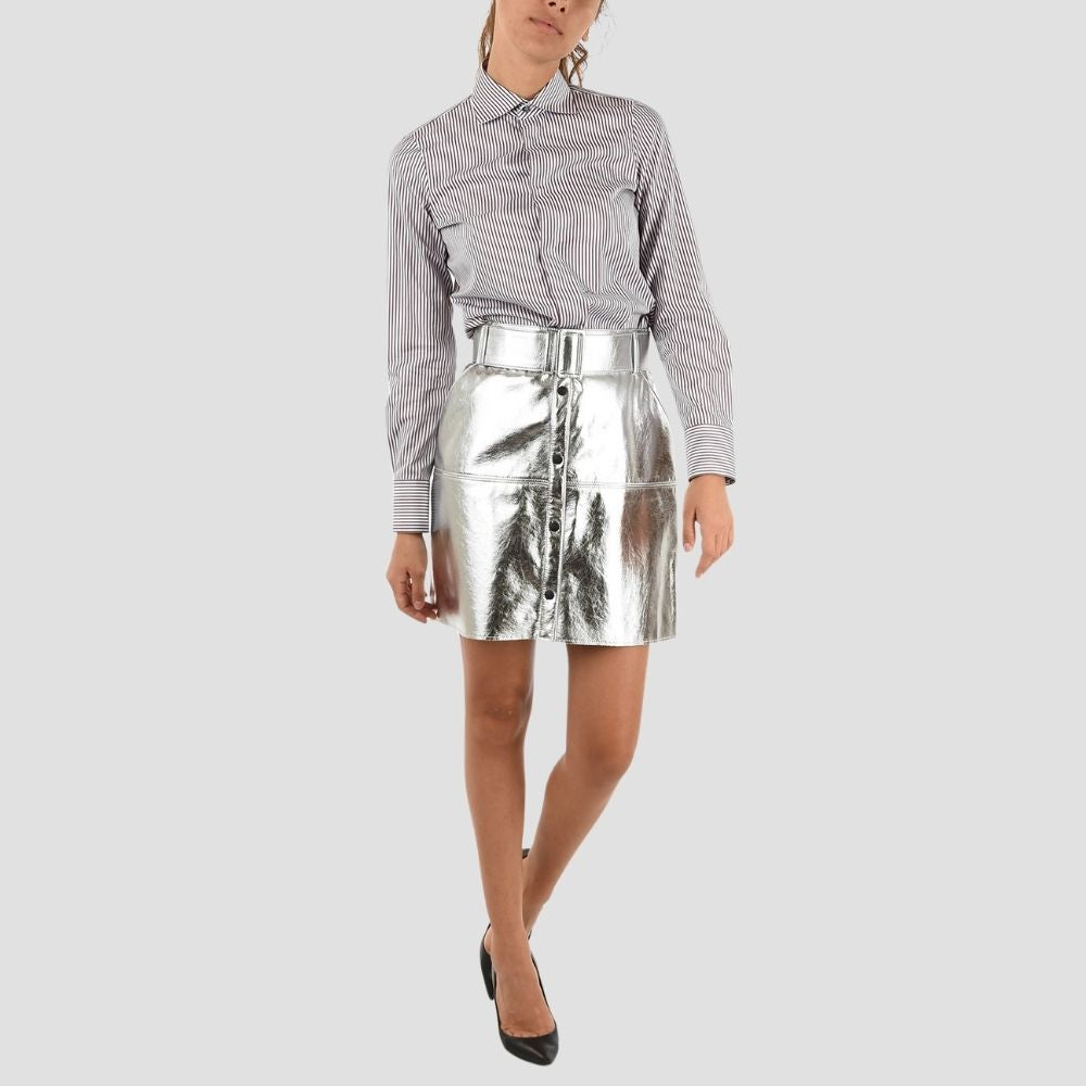 Women’s metallic leather skirt, a sleek and trendy choice for evening outings and events.