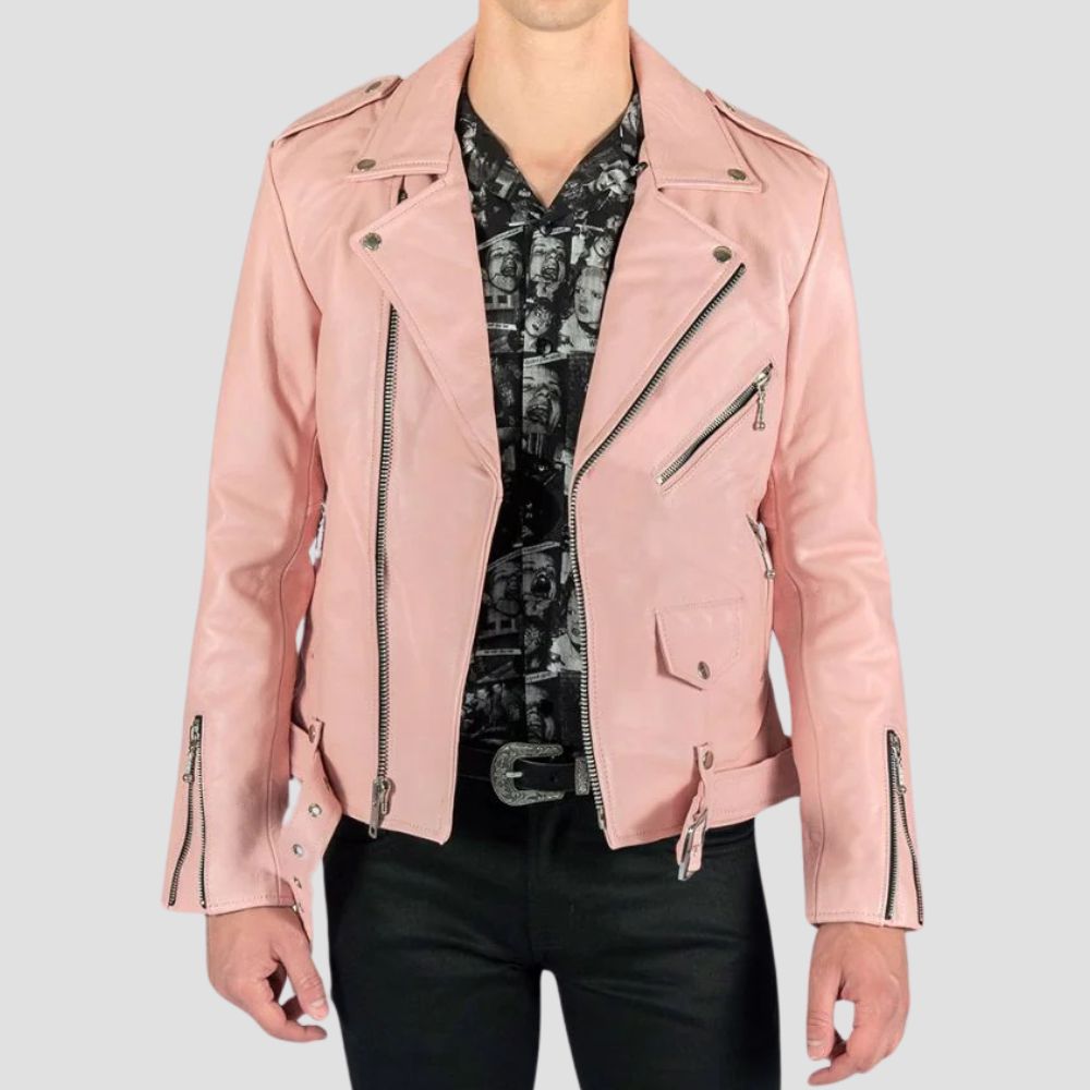 Stand out on the road with this trendy pink leather jacket, perfect for men who want to make a bold fashion statement.