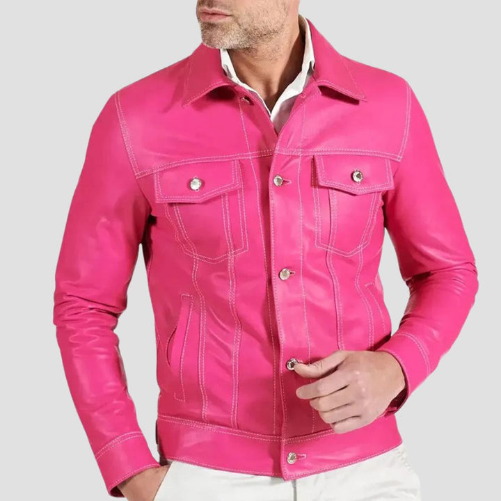 Premium sheepskin leather shirt in pink, perfect for bold casual fashion.