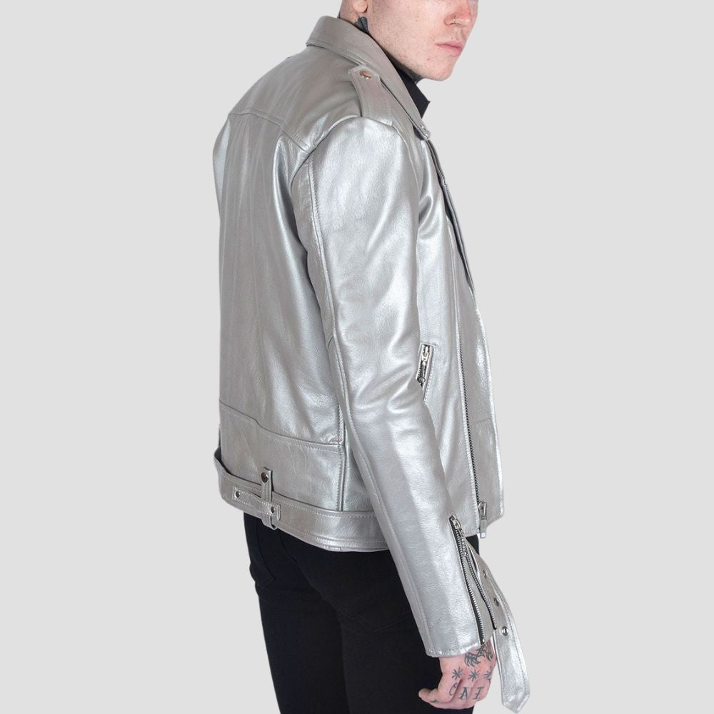 This sleek metallic bomber jacket combines style and comfort for a modern urban look.