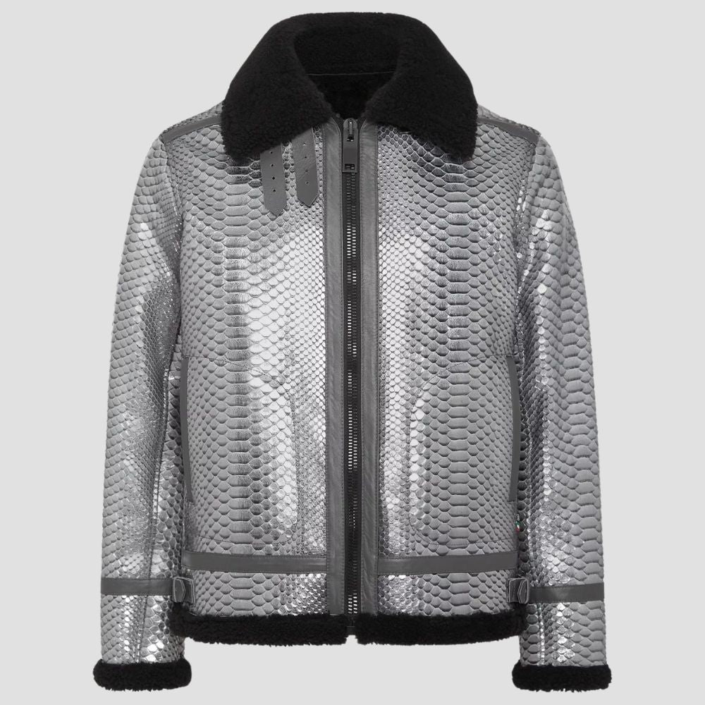 For the perfect balance of texture and warmth, this snakeskin leather jacket with shearling fur lining is ideal for cold weather.