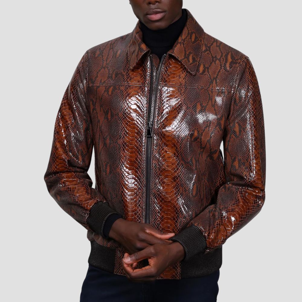 Make a bold statement in the city this winter with this trendy snakeskin leather jacket, perfect for urban streetwear.