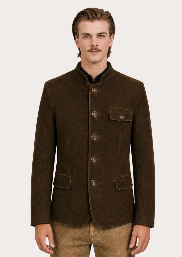 Tyrol Heritage brown suede leather Trachten jacket for men with traditional Alpine styling