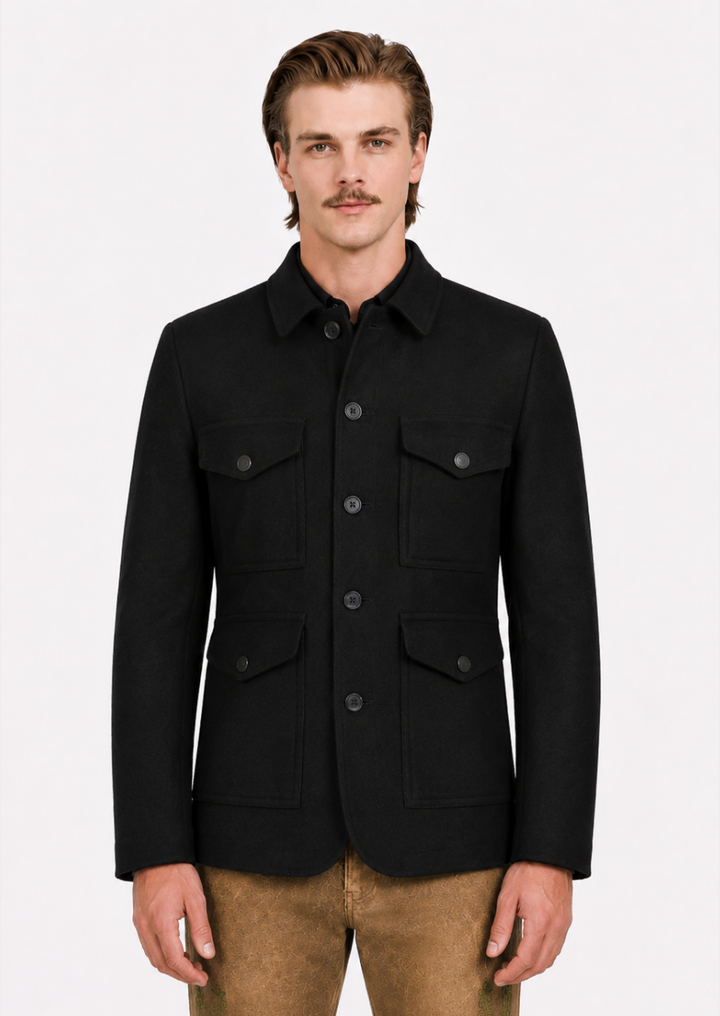 Tyroler black Loden wool field jacket for men with traditional Alpine styling