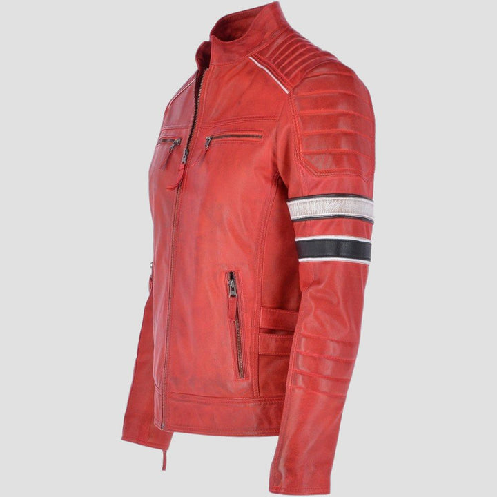 Classic distressed red leather jacket for men with modern details.