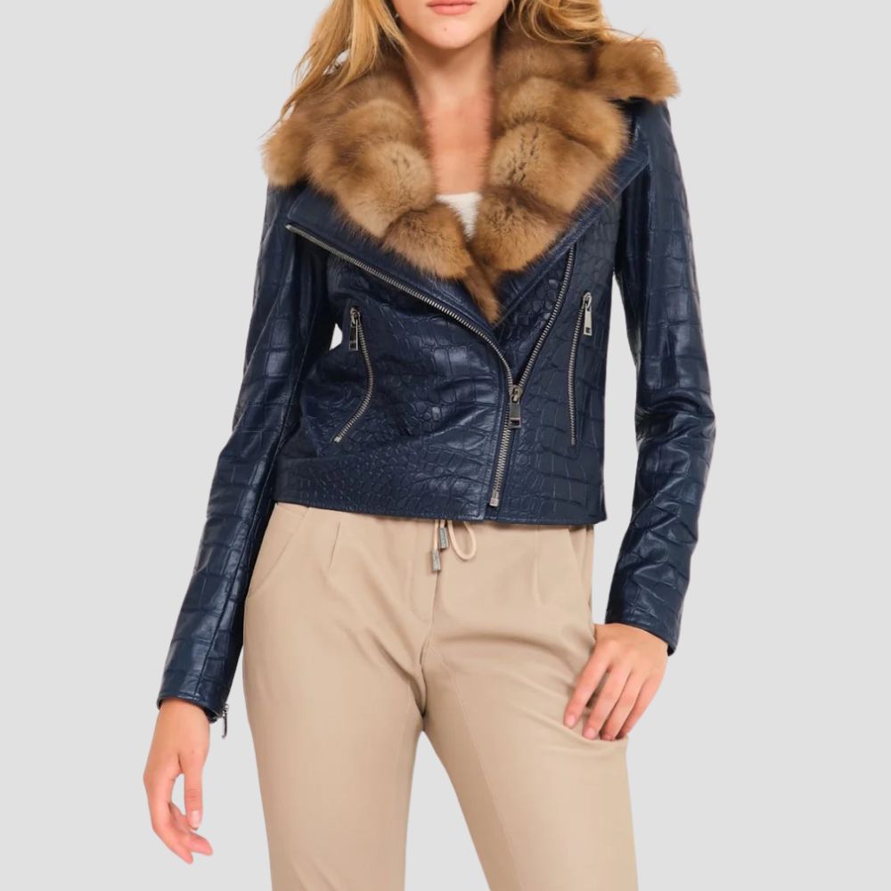 Add a touch of luxury to your wardrobe with this unique crocodile leather jacket for women. Its versatile design makes it perfect for both casual and formal outfits.