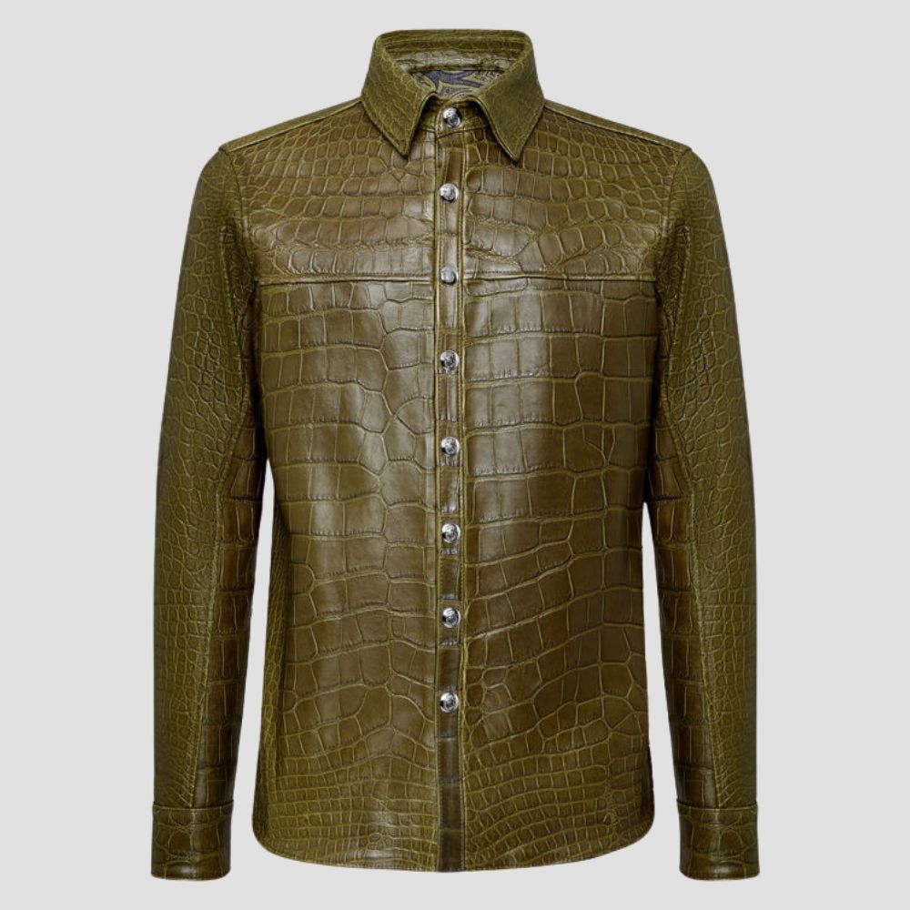 Men’s green crocodile texture leather shirt modern luxury outfit